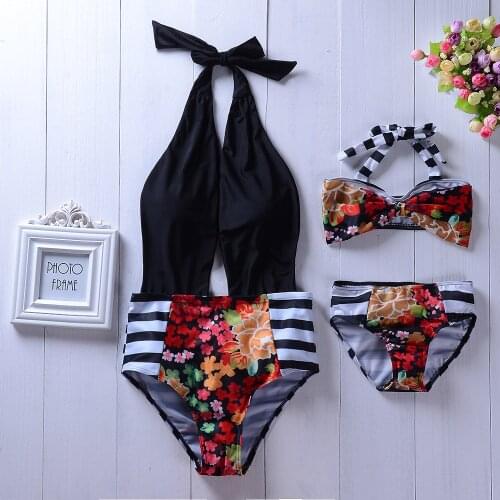 2018 Floral Printed Family Matching Swimsuits Two Pieces Mother and Daughter Strip Summer Beach Wear Mum And Girl Bathing Suits