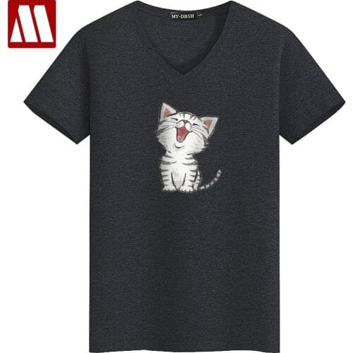 2021 Summer Funny Cat Print Tshirt Men kitten T-shirts Fashion Anime Tops Tees Male Cotton Casual V-neck Short Sleeve Tee shirts
