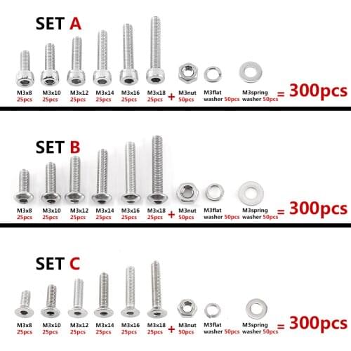 300Pcs M3 304 Stainless Steel Hex Socket Screws Bolt W/ Hex Nuts Washer Assortment Kit Cap/Button/Flat Head Bolts tornillos