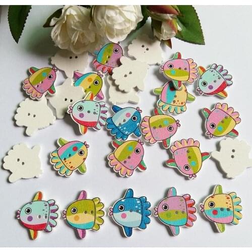 50pcs 27x30mm 2 Holes Mixed Lovely fish Wooden buttons For handmake Scrapbooking Crafts Supplies