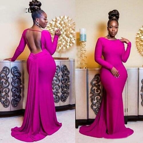 African Women Fuchsia Evening Prom Dresses Mermaid Long Sleeves Open Back Party Gowns gala jurken dames