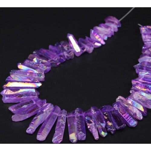 15.5"strand Purple Titanium Crystal Quartz Top Drilled Point Loose Beads,Raw Crystal Stick Graduated Pendant Beads Jewelry