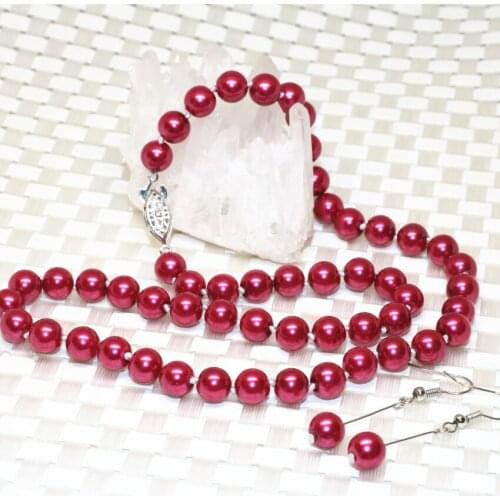 Hot sale fashion exquisite dark red simulated-pearl shell round 8mm beads necklace earrings for women charms jewelry 18inchB2358