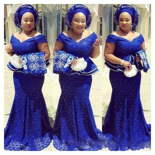 Royal Blue Aso Ebi South African Evening Dresses Mermaid Off The Shoulder Lace Nigeria Saudi Arabic Evening Gown Prom Dress