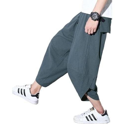Shanghai Story Mens Casual Elastic Waist Linen Capri Wide Leg Baggy Harem Pants Trousers