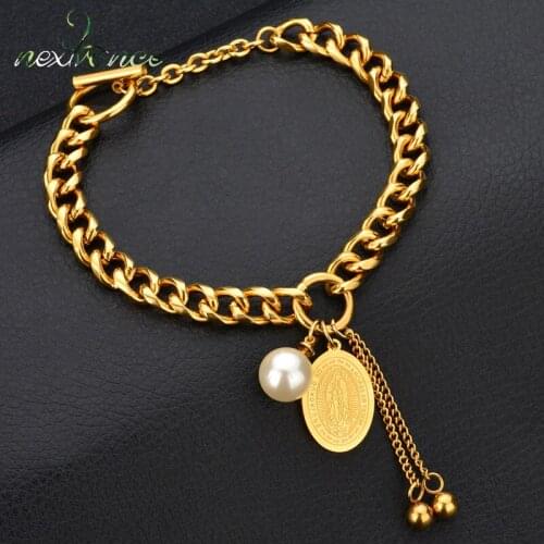 Nextvance Gold Virgin Mary Medal Pendant Bracelet Simulated Pearl Amulet Bracelets for Women Gift Religious Christian Jewelry