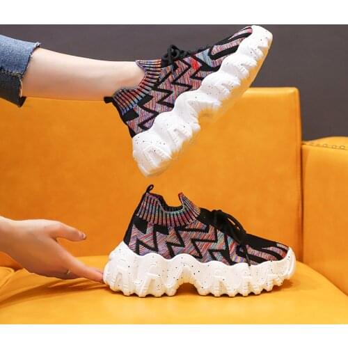 2021 New Womens Shoes Color Knitted Mesh Surface Breathable Casual Thick Shoes Sneakers Women