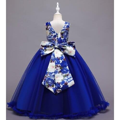 2021 summer new girls print sleeveless mesh gauze with bow princess dress children round neck European and American style fashio