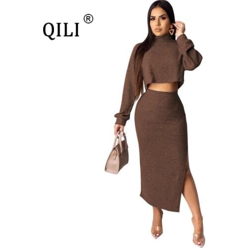 QILI Winter New Split Sweater Sweater Dress Two-piece Set Hot Selling Sexy High-necked Long-sleeved Open-neck Nightclub Dress