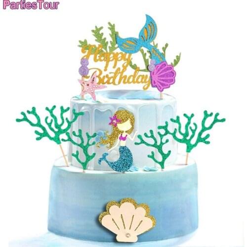 Mermaid Party Decoration Birthday Cake Topper Baby Boy Girl Kids Favors Mermaid Party Theme Supplies Happy Birthday Cake Topper