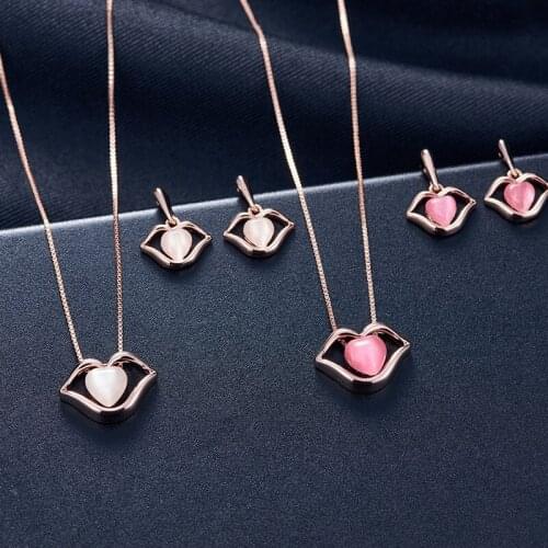 Funny Cute Heart Opal Inlaid Hollow Metal Mouth Pendent Earrings Necklace Set Korean Neck Ear Jewelry Sets for Women Girls Gift