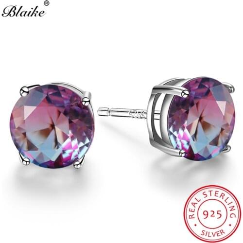 925 Sterling Silver Earrings Round Rose Red Blue Zircon Mystic Rainbow Fire Crystal Wedding Stud Earrings For Women Fine Jewelry