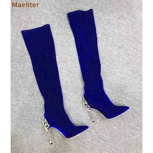 Women Luxurious Royal Blue Black Suede Metal Heel Boots Pointed Toe Cut-out Heels Dress Boots Over-the-knee Boots Thigh High