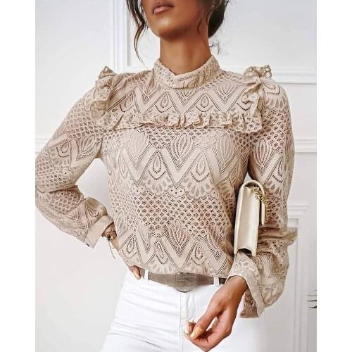 Women Solid Lace Frill Hem Hollow Out Long Sleeve Top Women Tops and Blouses