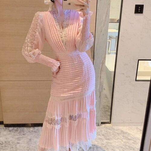 Fashion Designer Spring Elegant Dresses 2021 Dress Autumn Women V-neck Luxury Lace Patchwork Embroidery Vintage Midi Dress