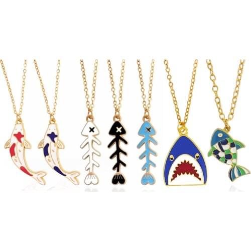 Enamel Fish Shark Goldfish Carp Fishbone Necklace Jigsaw Fish Pendant Necklace Chain Jewelry For Women Kids Charm Party Gift