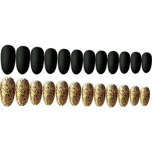 24pcs Shiny Gold Matte Black Party False Nails Cosplay Press On Coffin Nails
