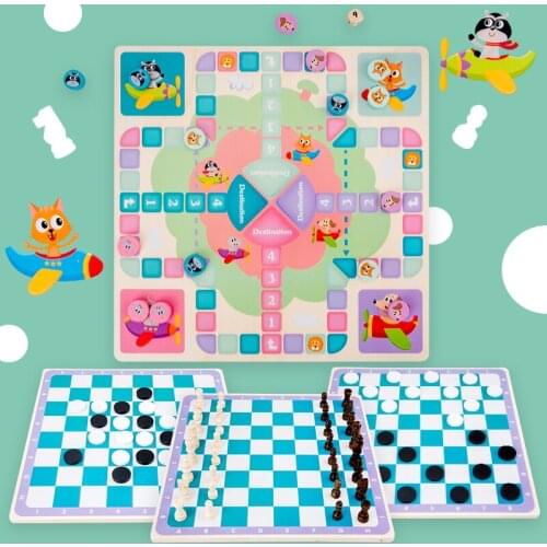 4 in 1 Double-Faced Mini Chess Game Fun flying chess board Wooden Flying Chess Board Set for Kid Early Education Toys