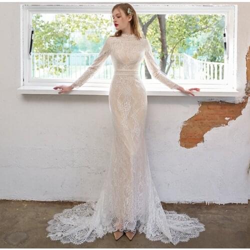 4198# 100% Real Photos 2021 Arabic spring Mermaid online Long Sleeves Lace Champagne Wedding Gowns Bride Dresses