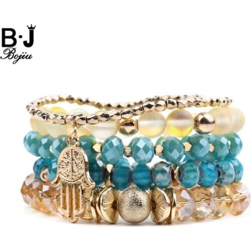 5 Pcs/Set Womens Palm Charm Bracelets Flash Bead Faceted Banded Glass Cut Aqua Lt. AmberColor Gold Crystal Bracelets BCSET275