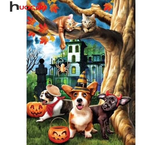 Huacan 5d Diy Diamond Painting Dog Cat Halloween Full Square/round Diamond Mosaic Animal Tree Pumpkin Embroidery Sticker Decor