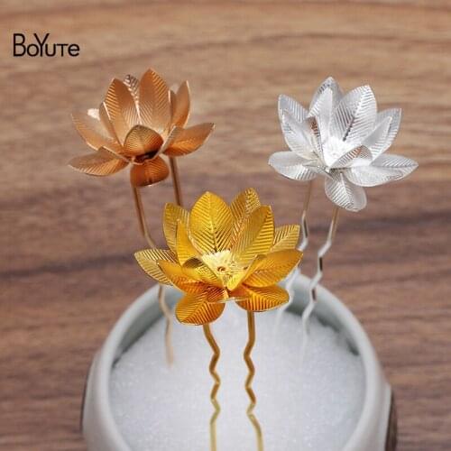 BoYuTe (5 Pieces/Lot) 26MM Metal Brass Lotus Flower Hair Fork Hairpins Materials Diy Handmade Bridal Hair Accessories Materials