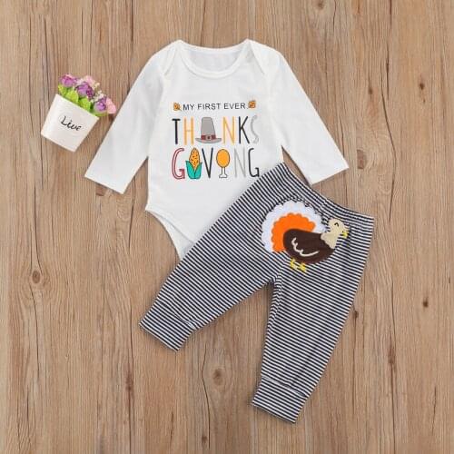 2020 Baby Thanksgiving Suit Long Sleeves + Long Pants, Horizontal Stripes Cartoon Turkey Pattern Festive Clothing ropa de bebe