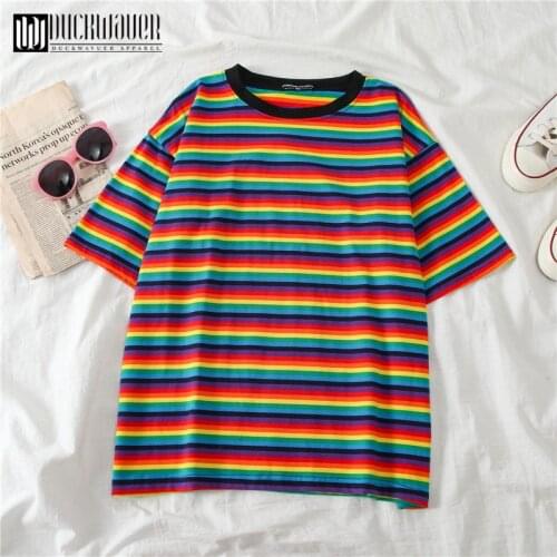 Duckwaver Women Summer T-Shirt Rainbow Stripe Minimalist Short Sleeve Girl T shirt Vogue Female Sweet Basic Tops Tee Shirt