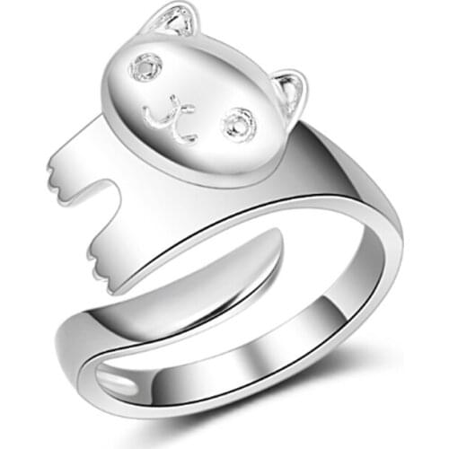 Korean version of the personality temperament fashion trend cute cat opening female models silver plated rings SA073