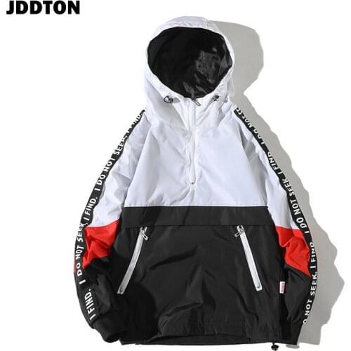 JDDTON Mens Patchwork Pullover Jacket Fashion Hooded Tracksuit Printing Outwear Loose Coat Hip Hop Man Casual Windbreaker JE394