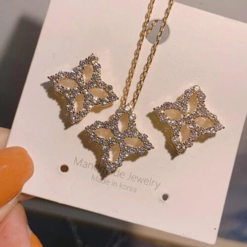 New Lucky Flower Charms Pendant Choker Necklace Earring Ring Set Cubic Zirconia Jewelry Set For Women Wedding Party D1501