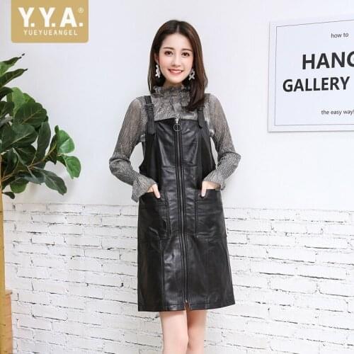 Genuine Leather Dress Women Slim Fit New Elegant Sleeveless Strap Real Leather Dress Streetwear Front Zipper Sheep Midi Vestidos