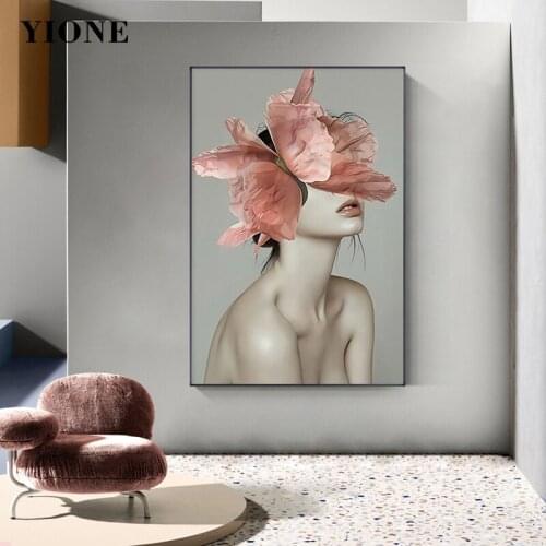 Pink Butterfly Flower Feather Woman Canvas Paintings Modern Abstract Figure Girl Art Posters and Prints Wall Pictures for Room