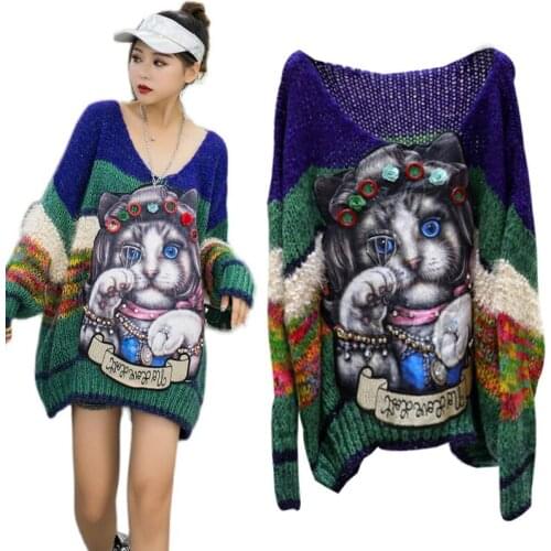 2020 autumn winter new women loose Sweater Flower Beads Diamonds Big V-neck Cartoon Plus Size knitted clothes knitwear pullover