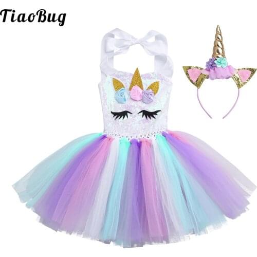 TiaoBug Kids Girls Cartoon Outfit Halter Neck 3D Flowers Shiny Sequins Mesh Tutu Dress With Hair Hoop Halloween Cosplay Costume
