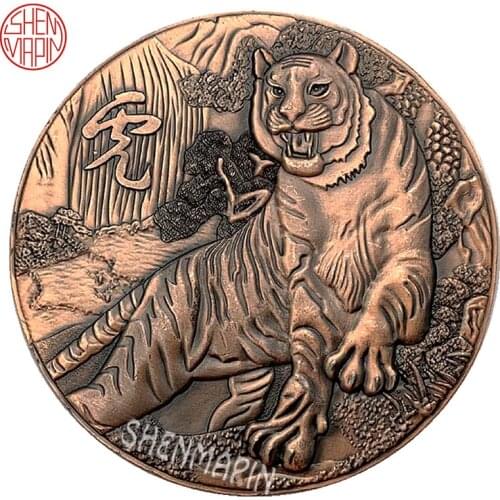 Three-dimensional Relief Double Sided Tiger Commemorative Coin Chinese Culture Zodiac Tiger Red Copper Art Coins Collectibles