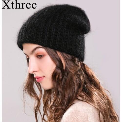 Xthree Angola Rabbit fur knitted hat beanie winter hat for women Bonnet girl 's hat autumn female cap keep warm