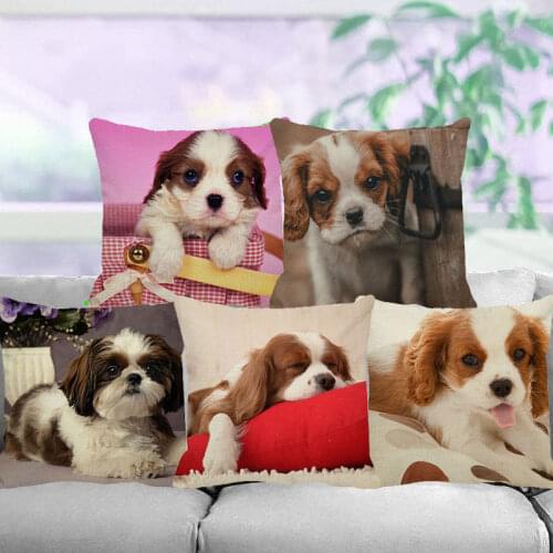 XUNYU Cute Pet Cavalier King Charles Spaniel Cushion Cover Linen Throw Pillow Case Child Sofa Bed Decorative Pillowcase 45x45cm