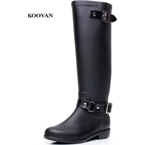 Koovan women boots 2017 Shoes Women Punk Riding Buckle Boots Women Rain Boots Cool Mid-Calf Zip Winter shoes large Size 41