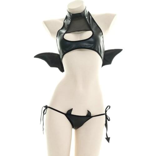 Female Swimming Pool/Beach Show New Little Devil Swimsuit Cosplay Costume Cute Sexy Black Patent Leather/Spandex Bikini Suit