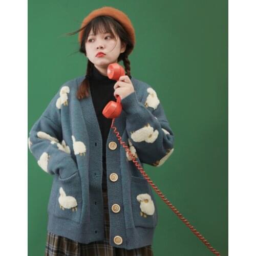 Bebobsons Autumn Winter Casual Women Thick Soft Sweater Loose Knitted Cardigans Long Sleeve V Neck Button Up Oversized Sheep