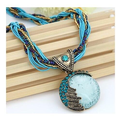 LEMOER Bohemian Style Jewelry Crystal Angel Wing Round Gem Pendant Necklace Multilayer Bead Chain Handmade Style Retro Necklace