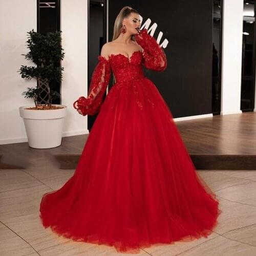 Saudi Arabic Red Lace A-line Prom Gowns Off The Shoulder Full Sleeves Long Christmas Party Dresses Women Plus Size