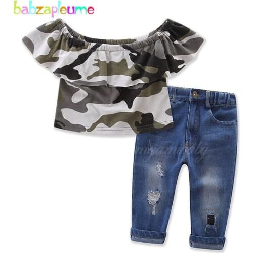 Babzapleume Spring Autumn baby girls boutique clothing sets fashion children t-shirt+jeans pants kids clothes 2pcs suits BC1491