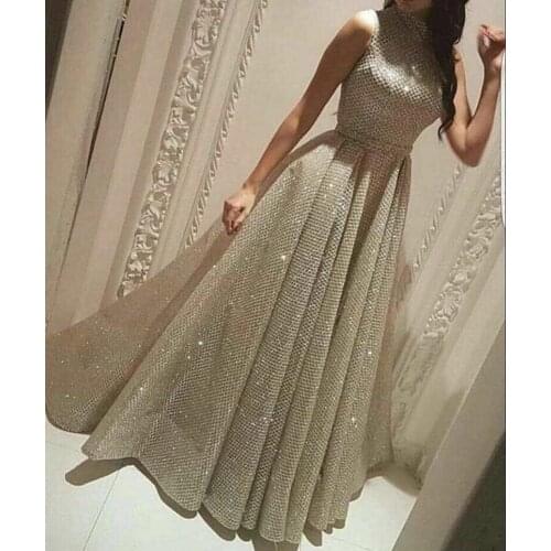 Sparkly prom dresses halter neckline sequins a line arabic sliver prom dress evening gowns formal dresses