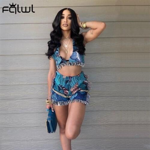 FQLWL Summer Streetwear Fashion 2 Two Piece Sets Women Outfits 2021 Halter Crop Top Print Shorts Sets Casual Tassel Matching Set