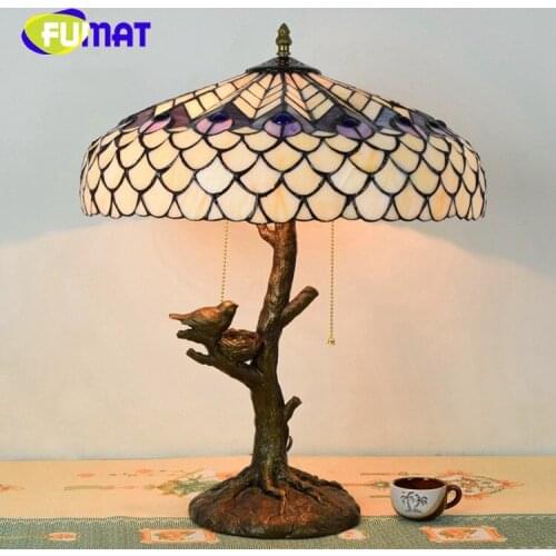 FUMAT European White Peacock Tail and Grape Tiffany Stained Glass Creative Living Room Bedroom Study Table Lamp