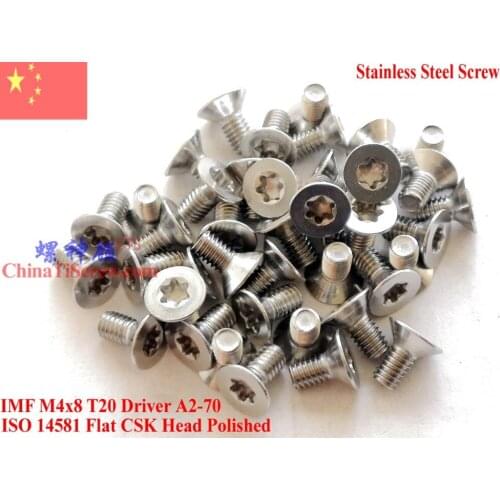 ISO 14581 Stainless Steel screws M4x8 Torx T20 Driver Flat CSK Head A2-70 Polished ROHS 100 pcs