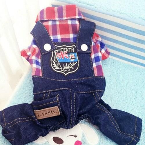 Cartoon Dog Clothes Fashion Classic Plaid Jumpsuiots Four-legged Badge Denim Pants for Dogs Small Teddy Green Boy Ropa Para