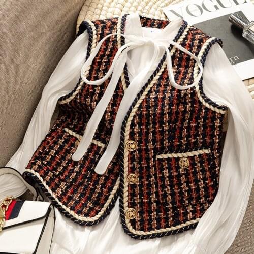 Red Tweed vest womens fashion short cardigan vests all-matching Celebrity style Plaid Fringe waistcoat for women